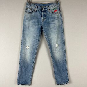 Levis 501 Cherry Embroidered Jeans Womens 28x26 Blue Medium Wash Distressed